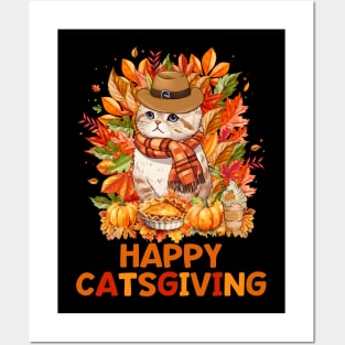 Happy Catsgiving Cute Thanksgiving Cat Wears Pilgrim Hat T-Shirt Posters and Art